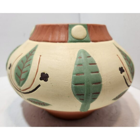 Vintage Southwestern Pottery Vase Round with Leaves Tan Green Brown 6" Tall - Picture 1 of 15